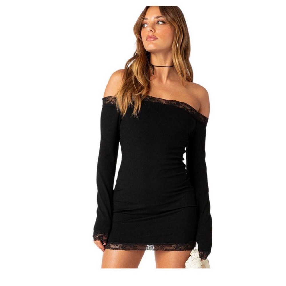 Black, long sleeve, mini dress off the shoulder
